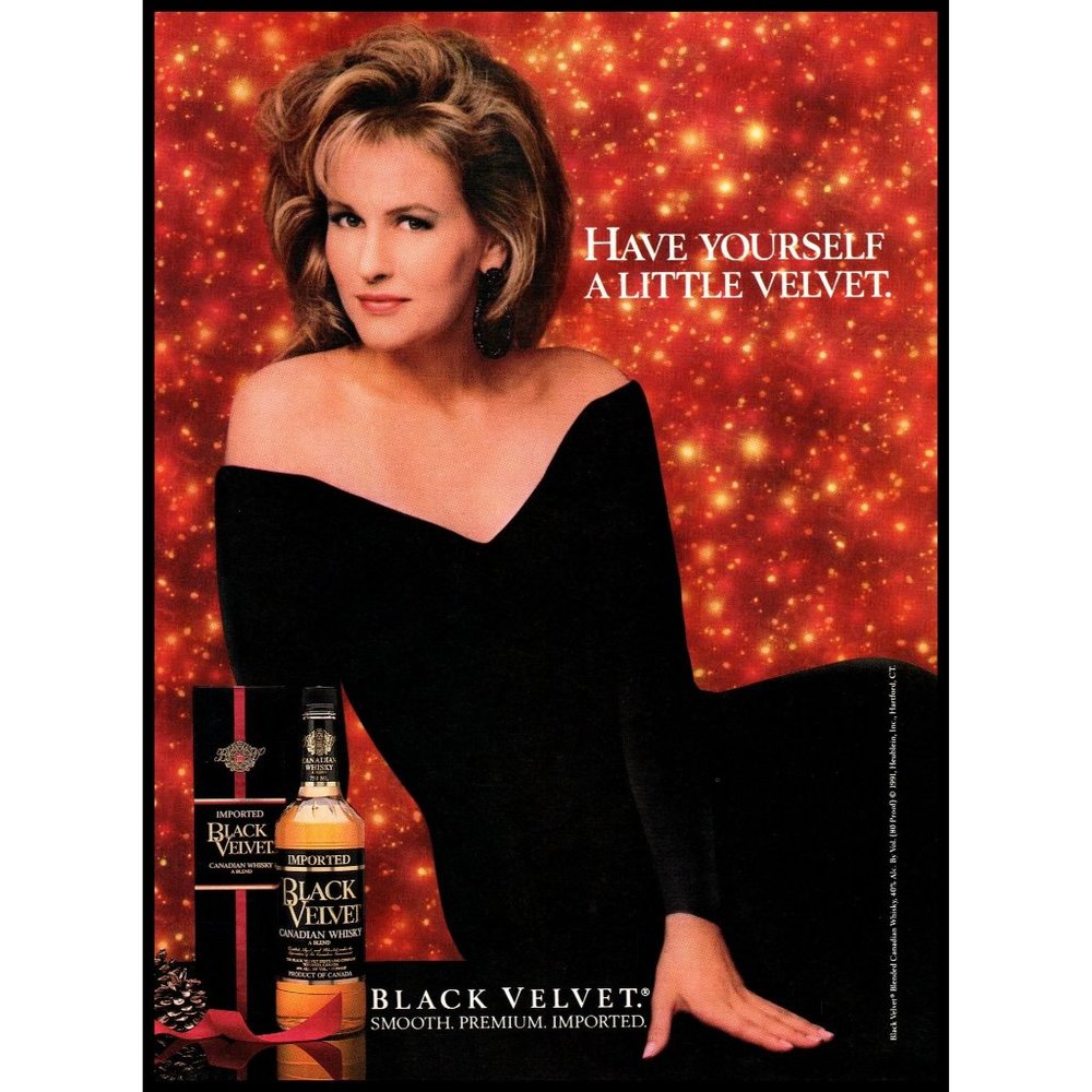 1992 Black Velvet Canadian Whisky Whiskey Vintage Print Ad Blonde Dress Wall Art